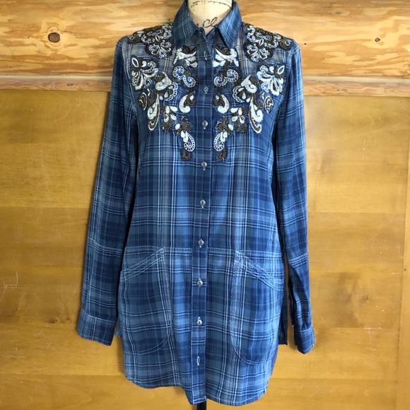 Free People Stevie's Embellished Plaid Shirt Tunic in blue size M - Picture 4 of 11